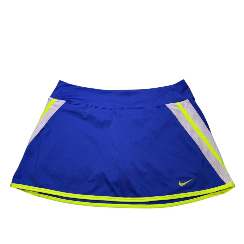 Nike Dri-Fit Tennis Skirt Skort Royal Blue Neon Volt Yellow Mesh Trim Size L - Picture 3 of 9